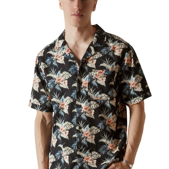 Jeremiah Linen Blend Hawaiian Shirt Black Kona Print - Picture 1 of 9